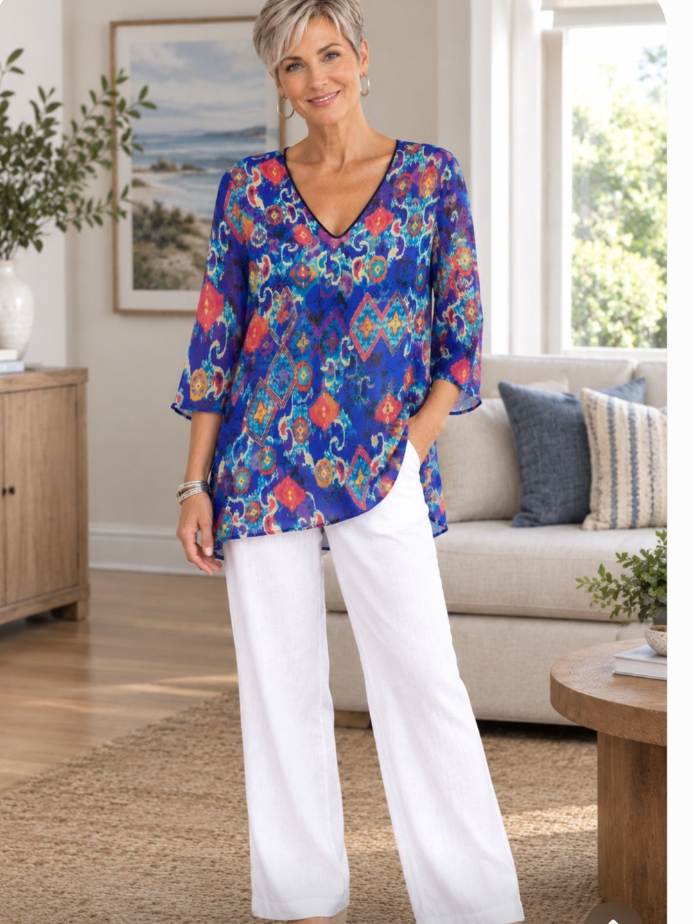 Jones New York Sport V-Neck Ikat Top in Turquoise, Blue & Coral